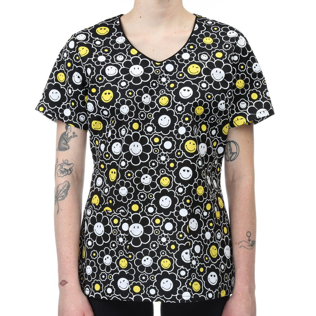 Cherokee Tooniforms Scrub Top - Smiley World Daisy