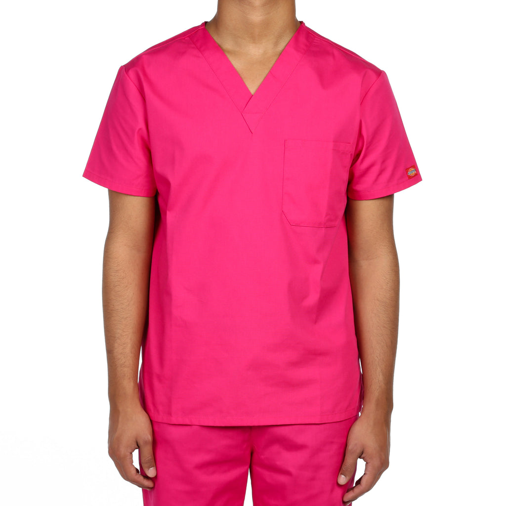 Dickies Unisex V-Neck One Pocket Scrub Top - Hot Pink