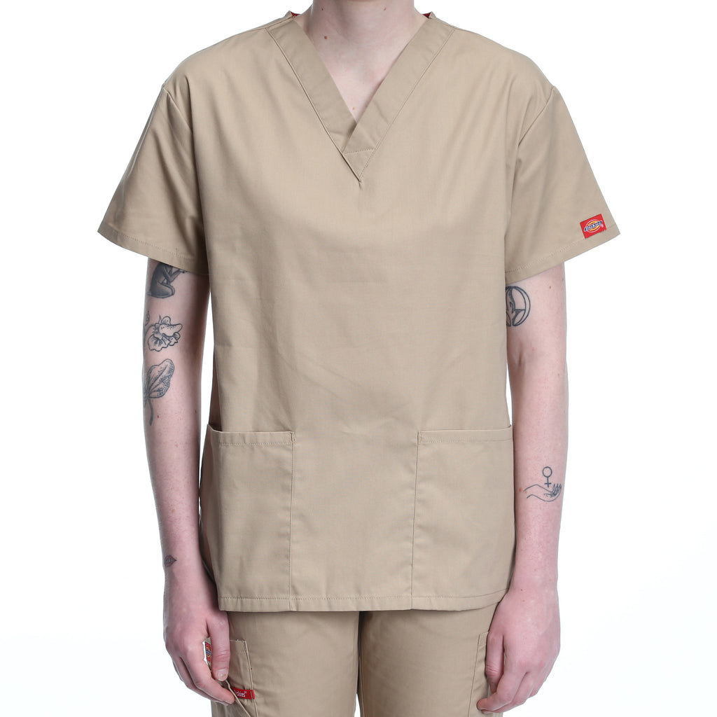 Dickies Women's Two Pocket V-Neck Scrub Top - Khaki