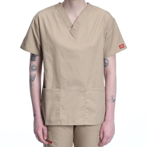 Dickies Women's Two Pocket V-Neck Scrub Top - Khaki