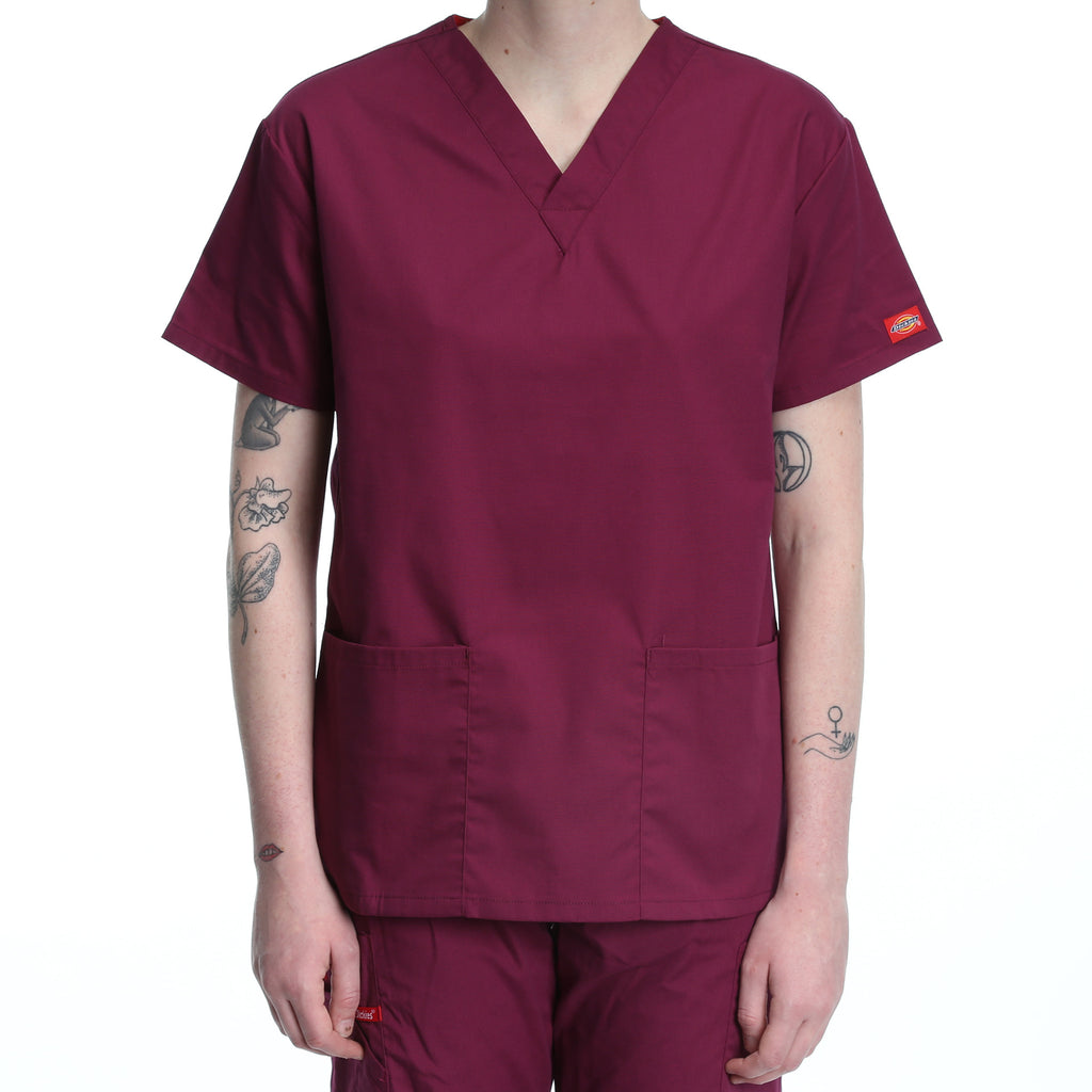 Dickies Women's Two Pocket V-Neck Scrub Top - Wine