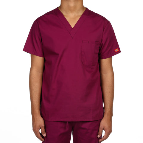 Dickies Unisex V-Neck One Pocket Scrub Top - Wine